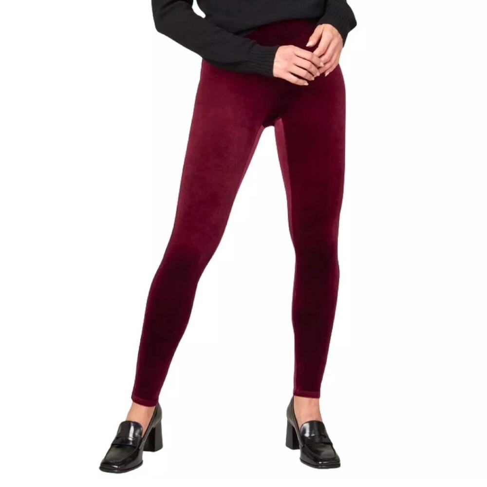 NEW SPANX RICH BURGUNDY HIGH WAIST VELVET VELOUR LEGGINGS PANTS SIZE XS STRETCH